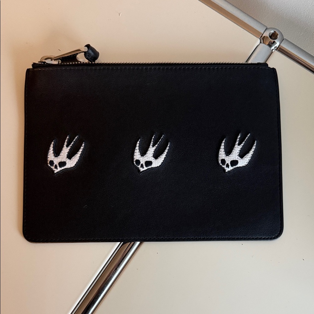 Alexander McQueen Black Leather Pouch with White Embroidered Skulls